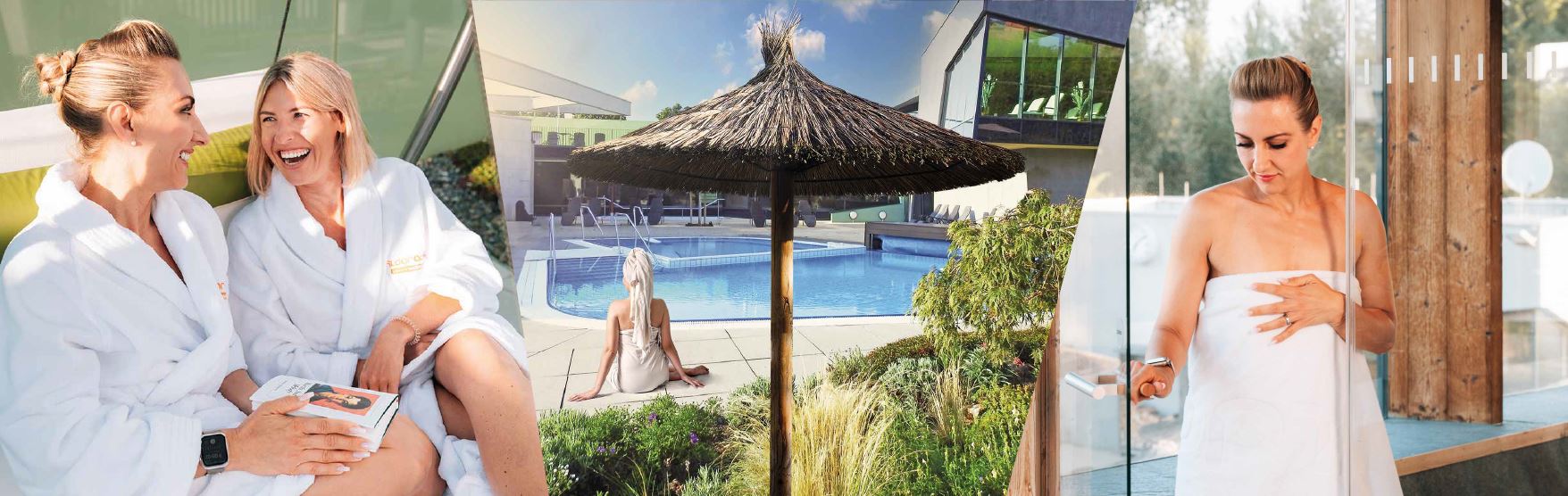 Kombination mehrerer Foto - Frauen entspannen in Bademänteln, Blick auf Aussenpool, Wellnessanlage